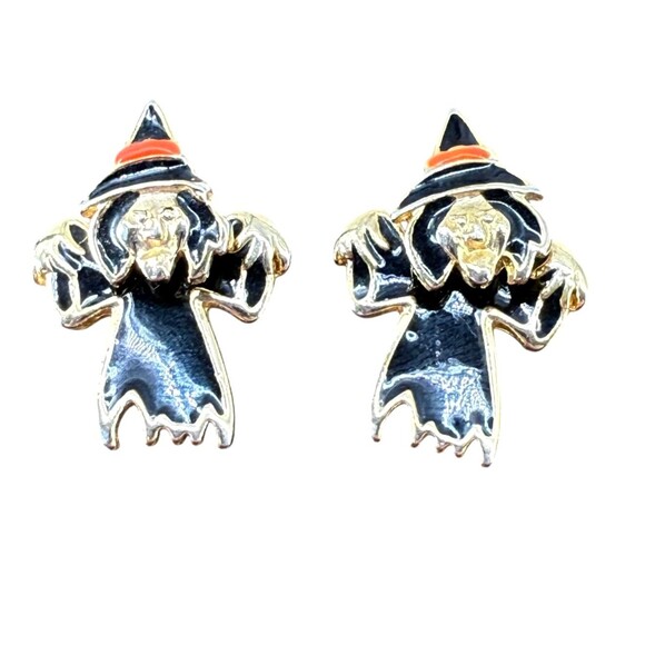 Halloween Witch Earrings Enamel Gold Tone Black Dangle Drop Spooky Festive EUC - Picture 4 of 13